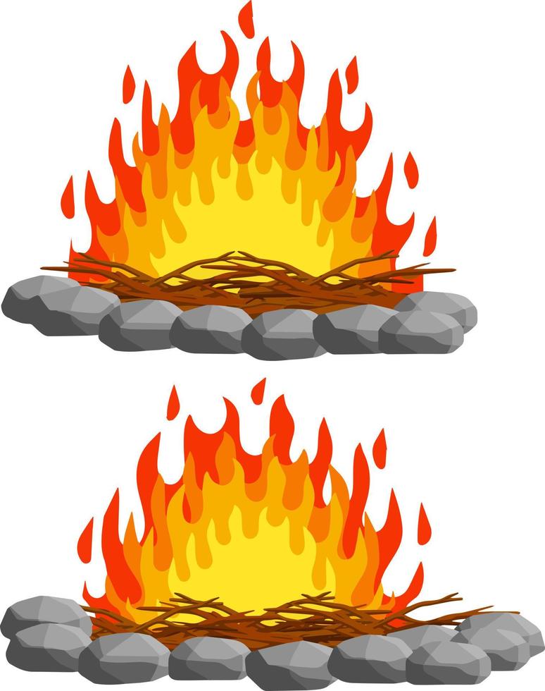 röd lägereld. orange flamma. turist bål. element av en vandra. värme och varm objekt. brand fodrad med stenar. tecknad serie platt illustration vektor