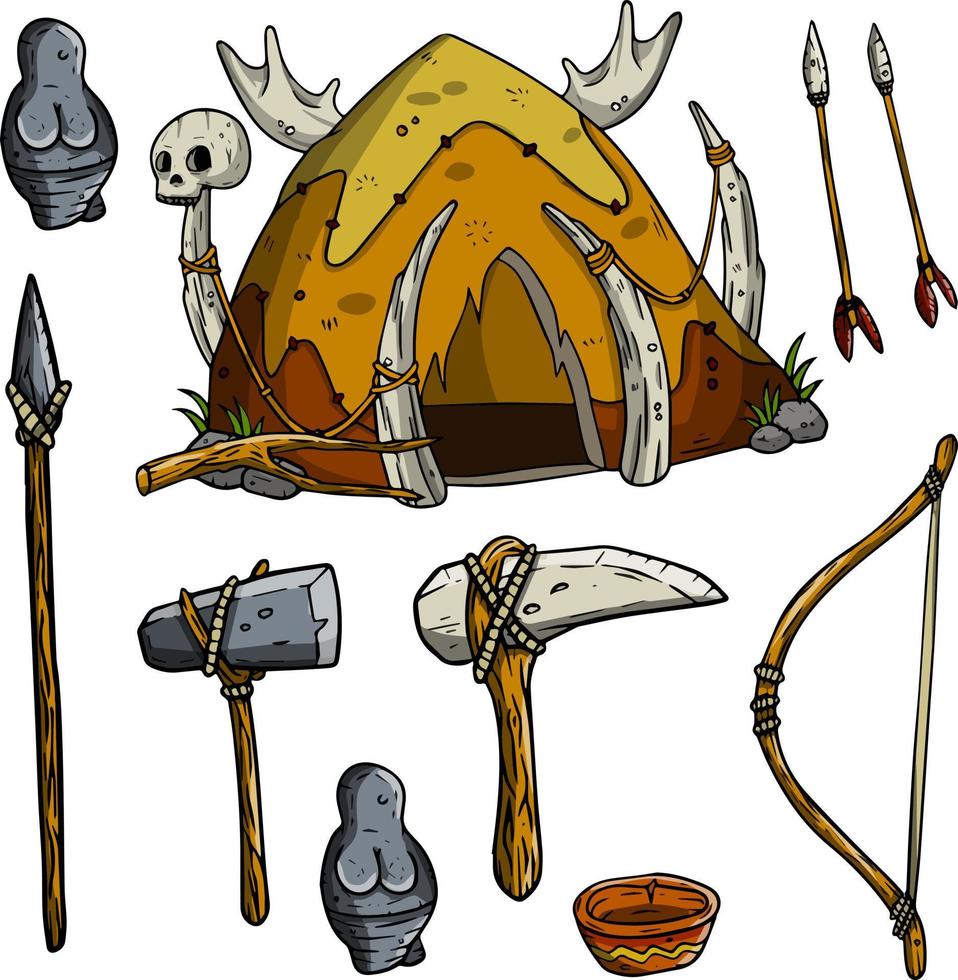 Set von Höhlenmenschen. Hütte aus Häuten und Knochen, Holzkeule, Tierschädel. Lebensstil des Urmenschen. Cartoon-Illustration vektor