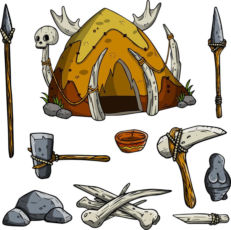 uppsättning av caveman föremål. hydda av skinn och ben, trä- klubb, skalle av djur. livsstil av primitiv man. tecknad serie illustration vektor