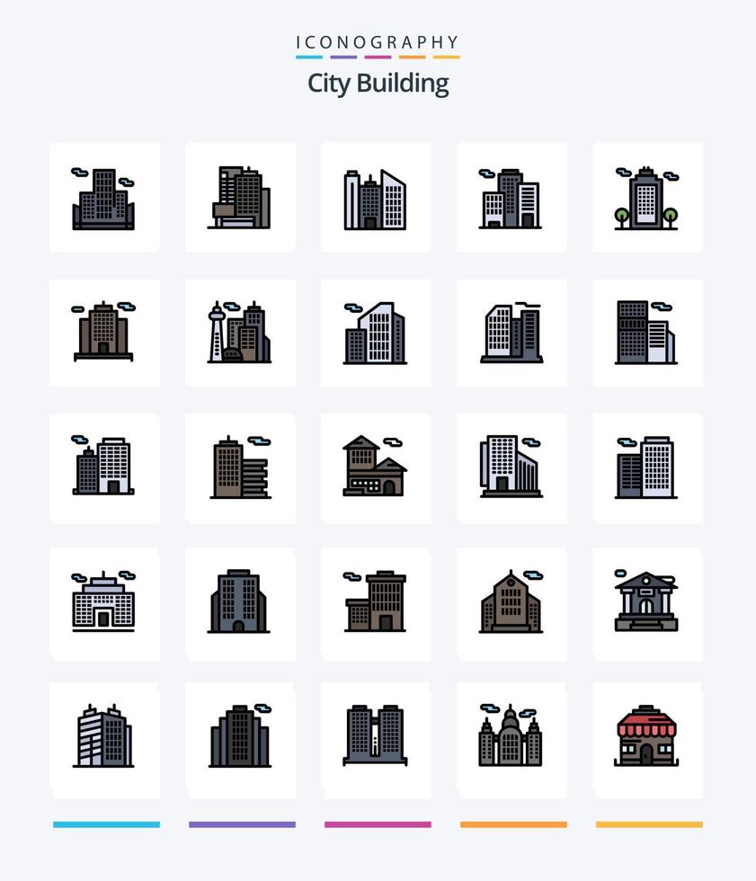 kreatives Stadtgebäude 25 Zeilen gefülltes Icon Pack wie Büro. Anwesen. Gebäude. Gebäude. Wahrzeichen vektor
