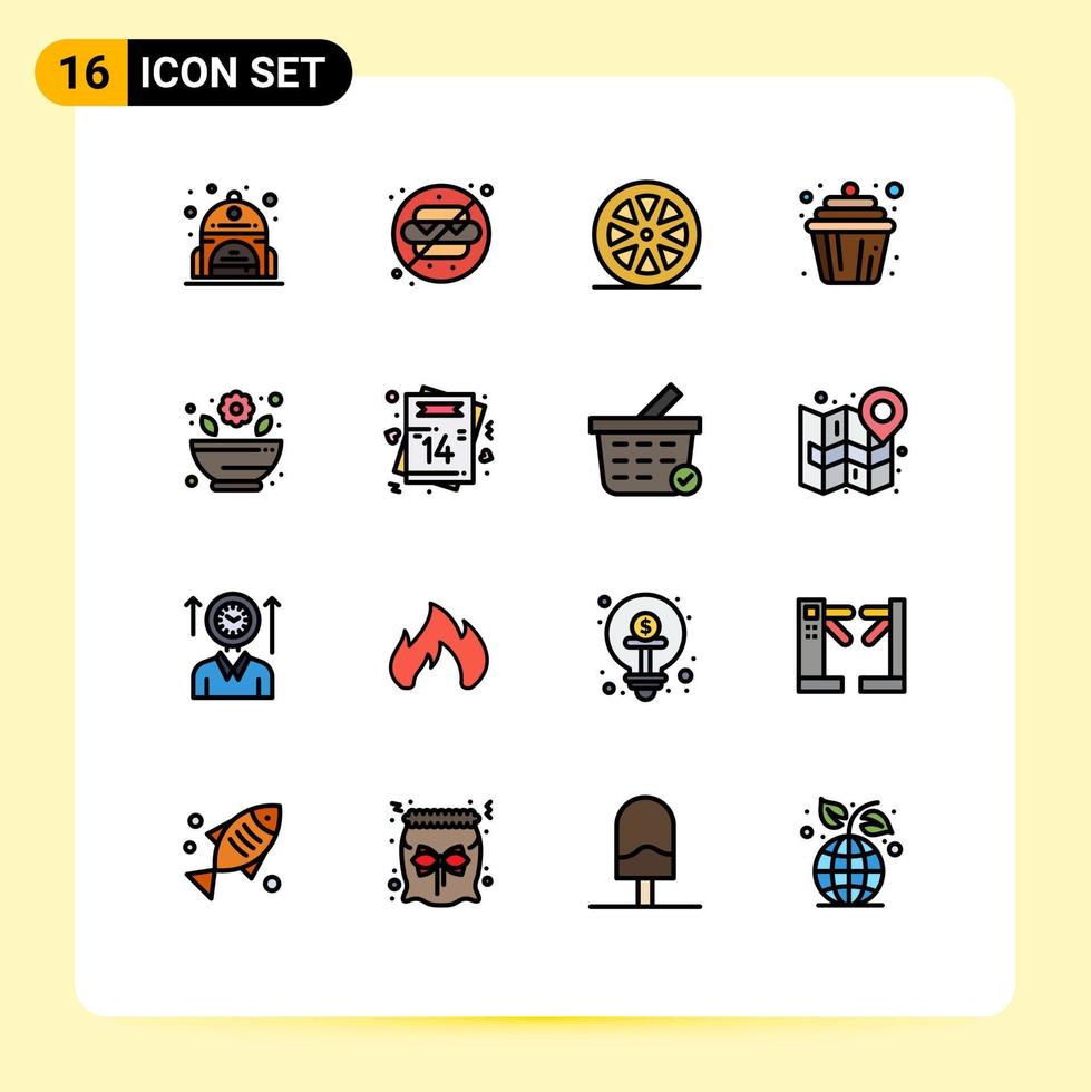 Stock Vector Icon Pack mit 16 Linienzeichen und Symbolen für rx Mörser Obst Muffin Kuchen editierbare kreative Vektordesign-Elemente