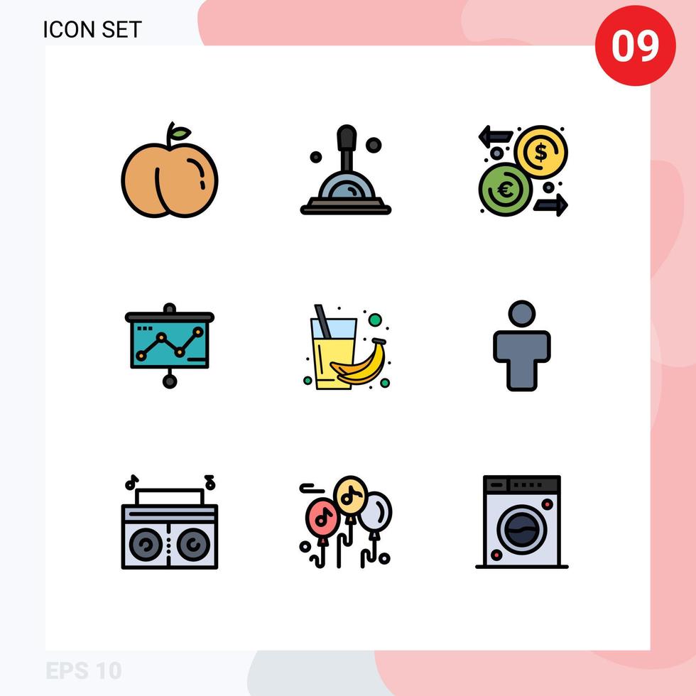 universelle Symbolsymbole Gruppe von 9 modernen Fillline-Flachfarben von Saftfruchttransfergetränkprojektor editierbare Vektordesignelemente vektor