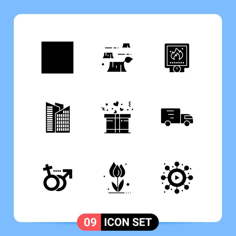 piktogram uppsättning av 9 enkel fast glyfer av lastbil närvarande systemet kärlek skyskrapa redigerbar vektor design element