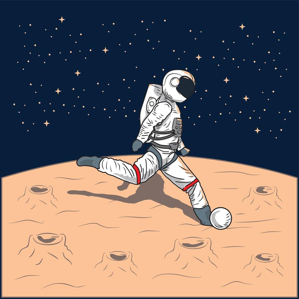 vektorillustration - astronauten, die fußball auf dem mond machen - flacher karikaturstil vektor
