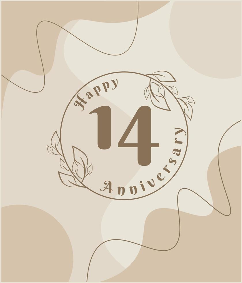 14 år årsdag, minimalistisk logotyp. brun vektor illustration på minimalistisk lövverk mall design, löv linje konst bläck teckning med abstrakt årgång bakgrund.