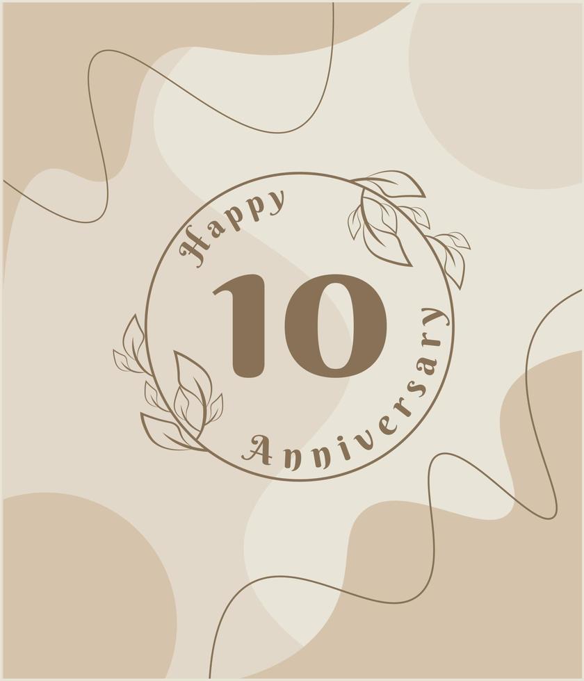 10 år årsdag, minimalistisk logotyp. brun vektor illustration på minimalistisk lövverk mall design, löv linje konst bläck teckning med abstrakt årgång bakgrund.