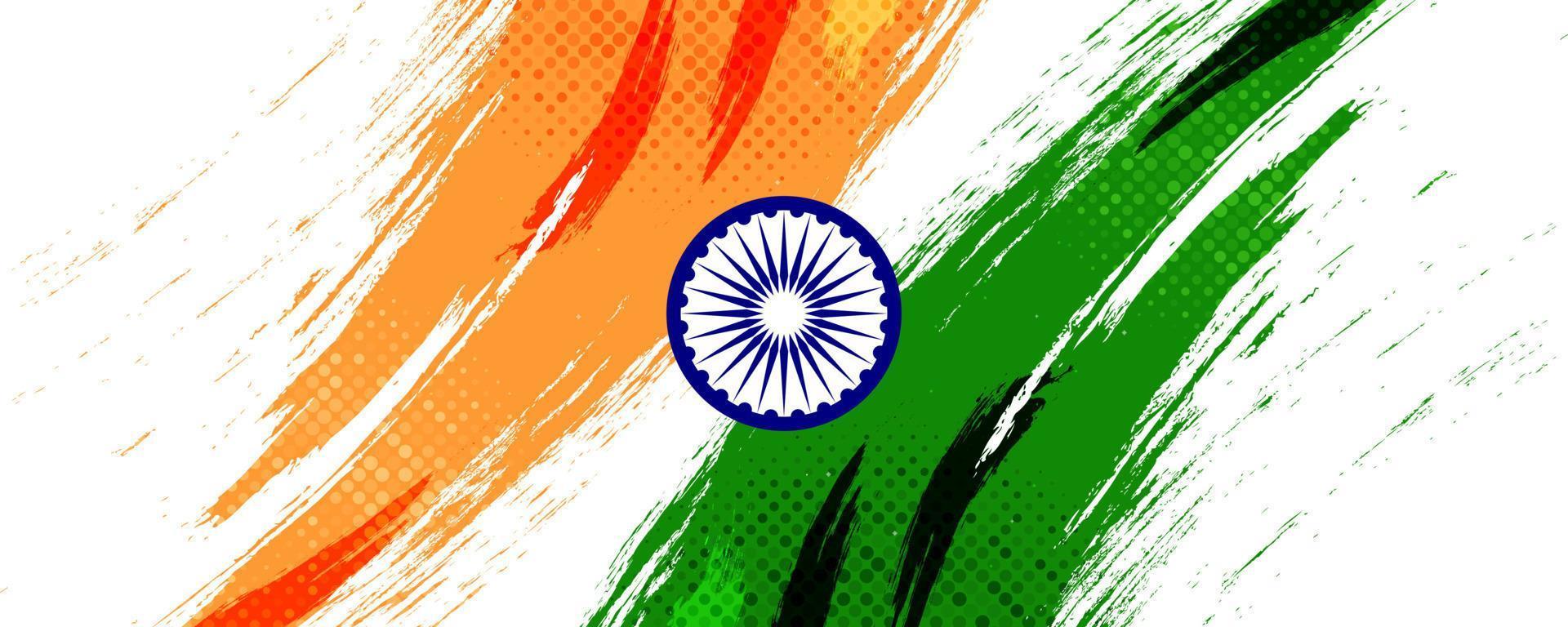 indischer Flaggenhintergrund mit Pinselstil und Halbtoneffekt. indische dreifarbige nationalflaggenillustration mit schmutzkonzept vektor