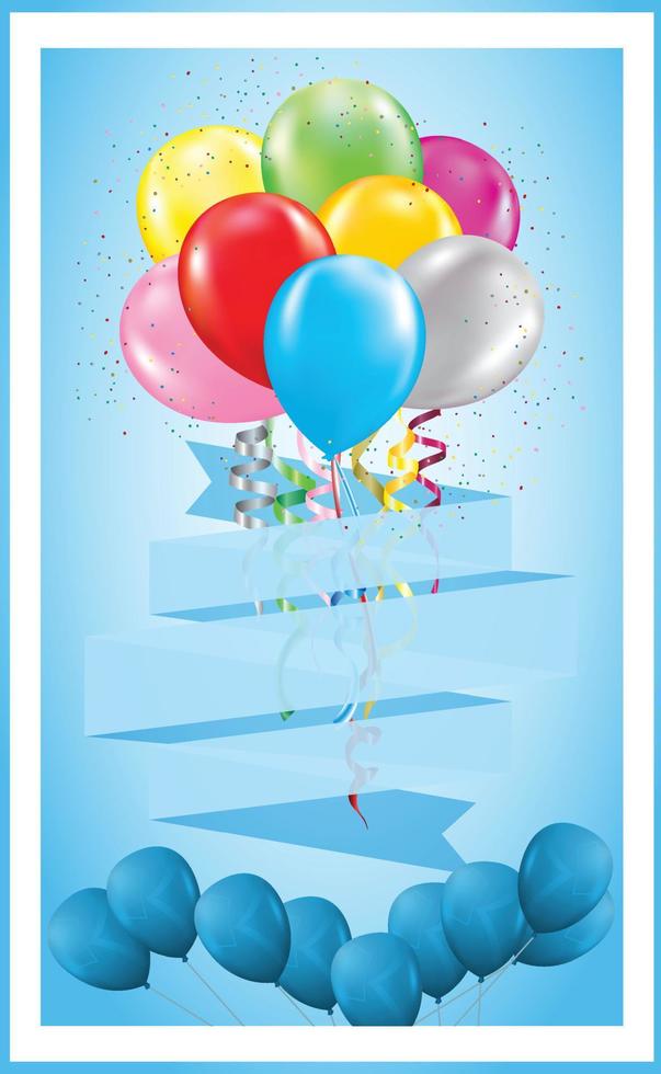 festlig bakgrund med helium ballonger, 3d geometrisk tömma baner objekt. fira en födelsedag, affisch, baner Lycklig årsdag. kopia Plats för text. vektor ballong, blå Färg
