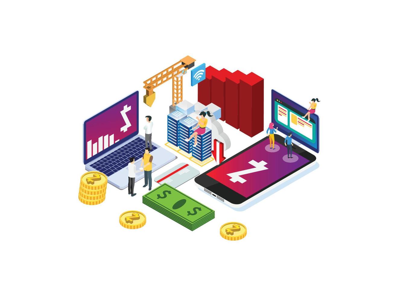 moderne isometrische intelligente Kryptowährungs-Mining-Illustration, geeignet für Diagramme, Infografiken, Buchillustrationen, Spiel-Assets und andere grafische Assets vektor