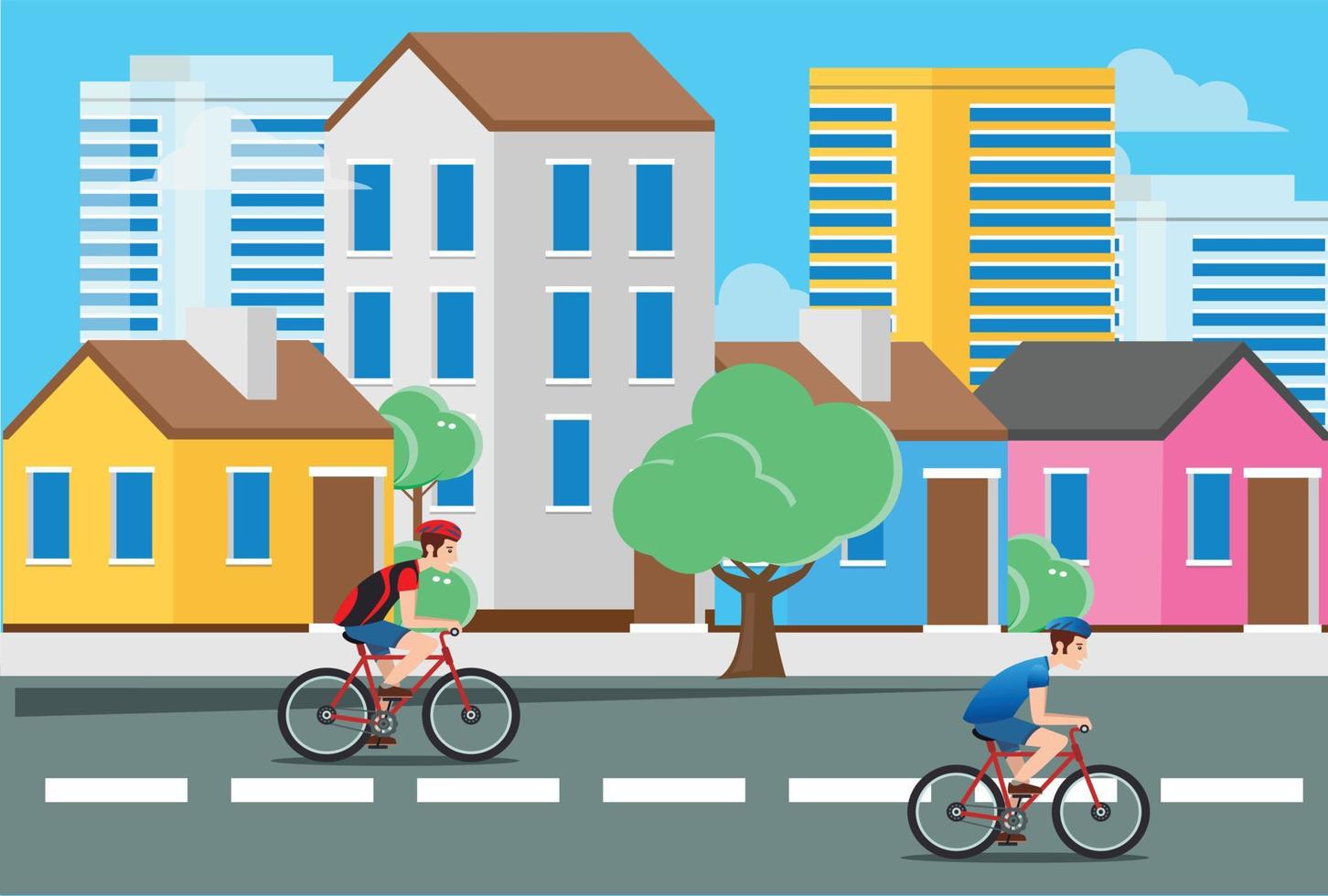 Flache Illustration eines jungen Mannes, der mit einem Fahrrad auf den Straßen mit urbaner Landschaft fährt, kann für die Weblandung verwendet werden, Vektorillustration vektor