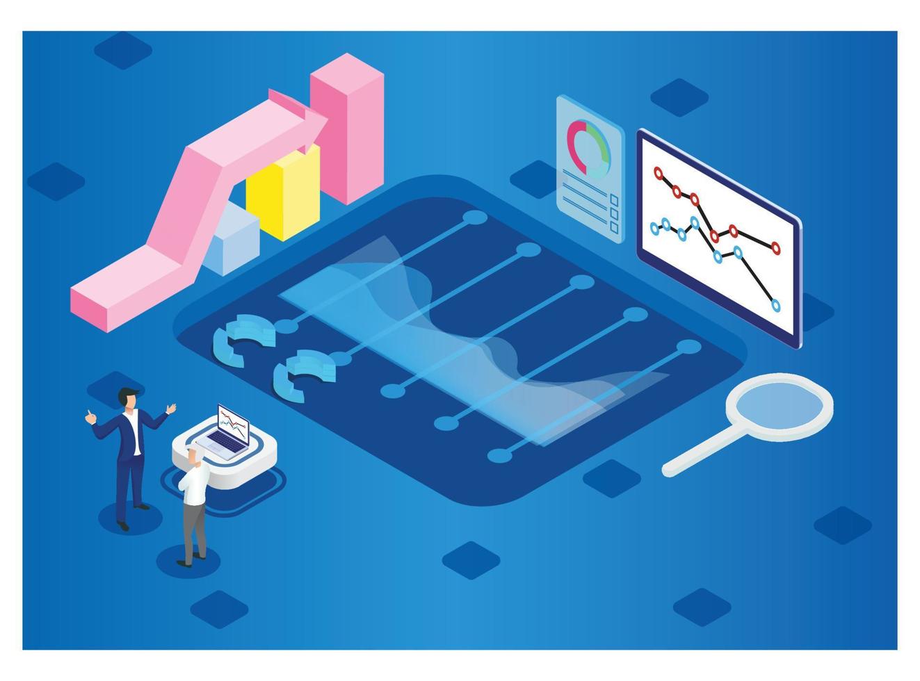 moderne isometrische datenanalyseillustration, webbanner, geeignet für diagramme, infografiken, buchillustrationen, spielobjekte und andere grafikbezogene objekte vektor