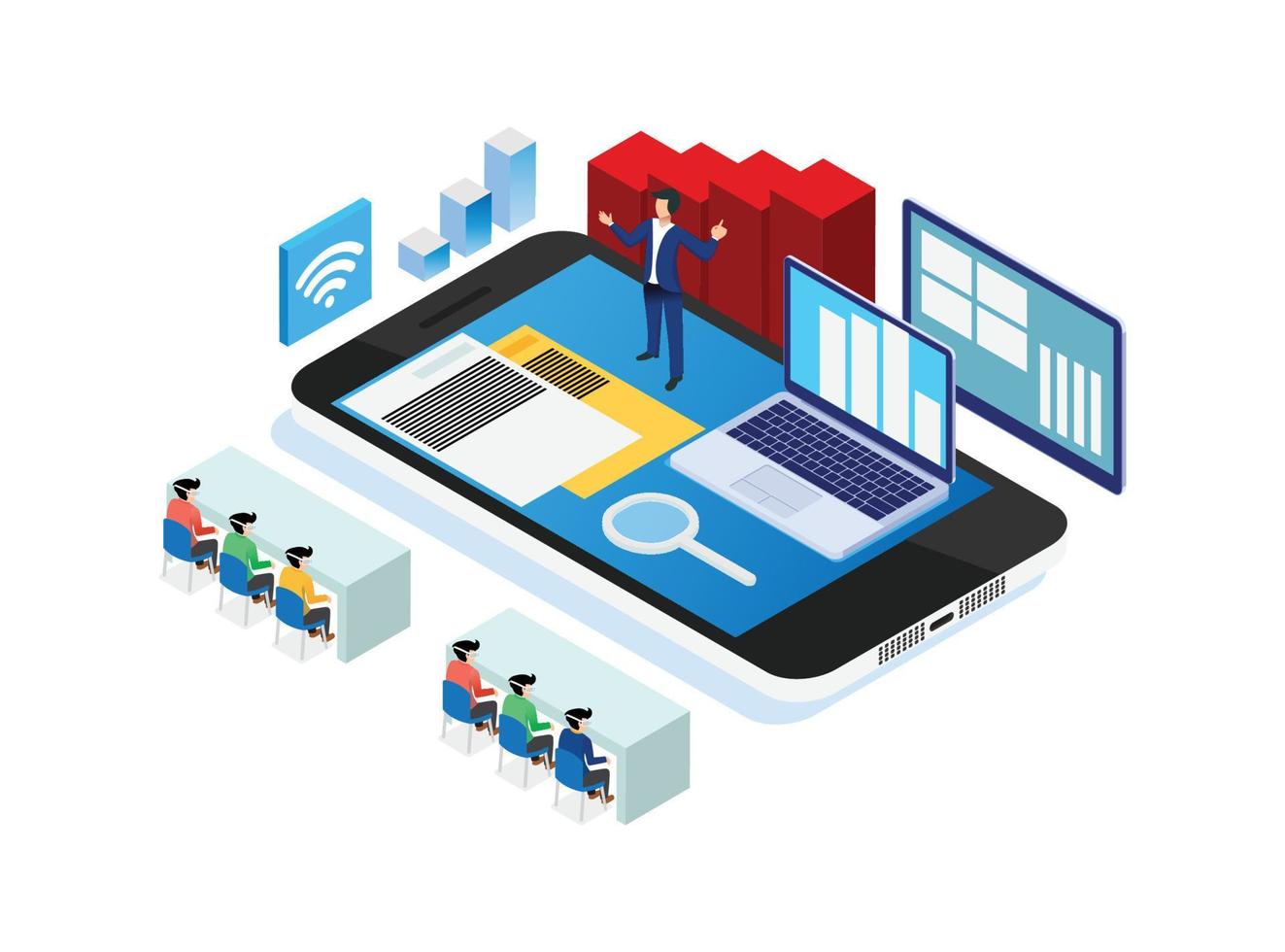 isometrische moderne intelligente e-learning-technologieillustration, geeignet für diagramme, infografiken, buchillustrationen, spiel-assets und andere grafikbezogene Assets auf isoliertem weißem Hintergrund vektor