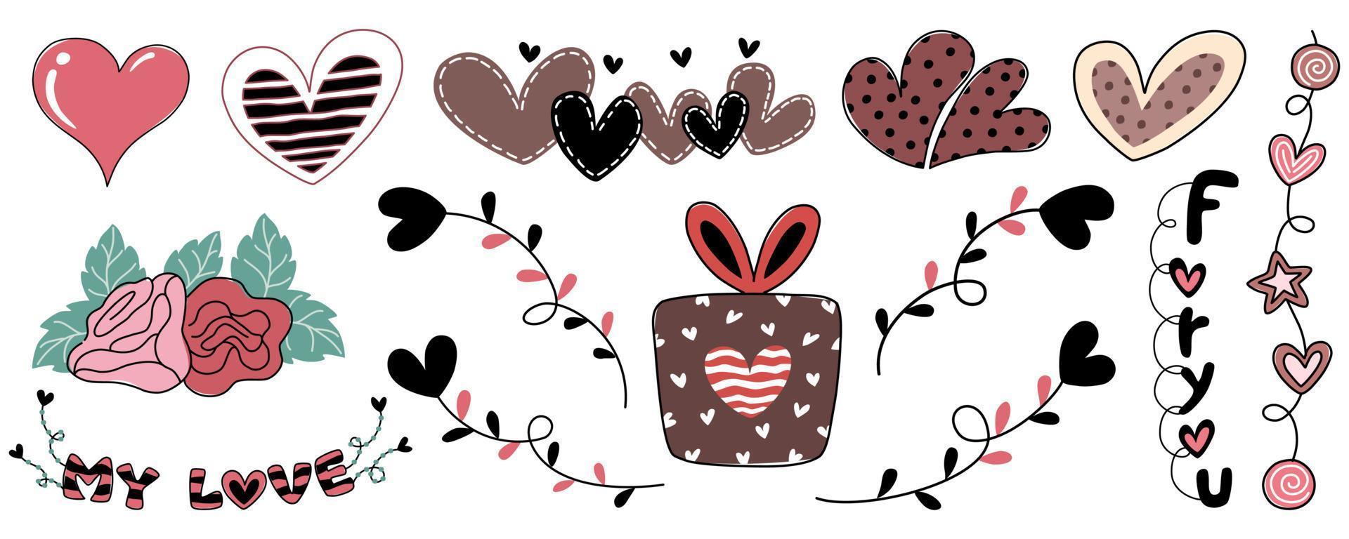 vektor illustration uppsättning valentine element designad i klotter stil på vit bakgrund för hjärtans dag tema dekoration, digital utskrift, kort design, klistermärke, gåva och Mer.