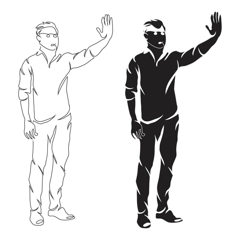 geschäftsmann zeigen handstrichzeichnungsstil, der mann steht skizze schwarz linear isoliert auf weißem hintergrund, die beste mannvektorillustration. vektor