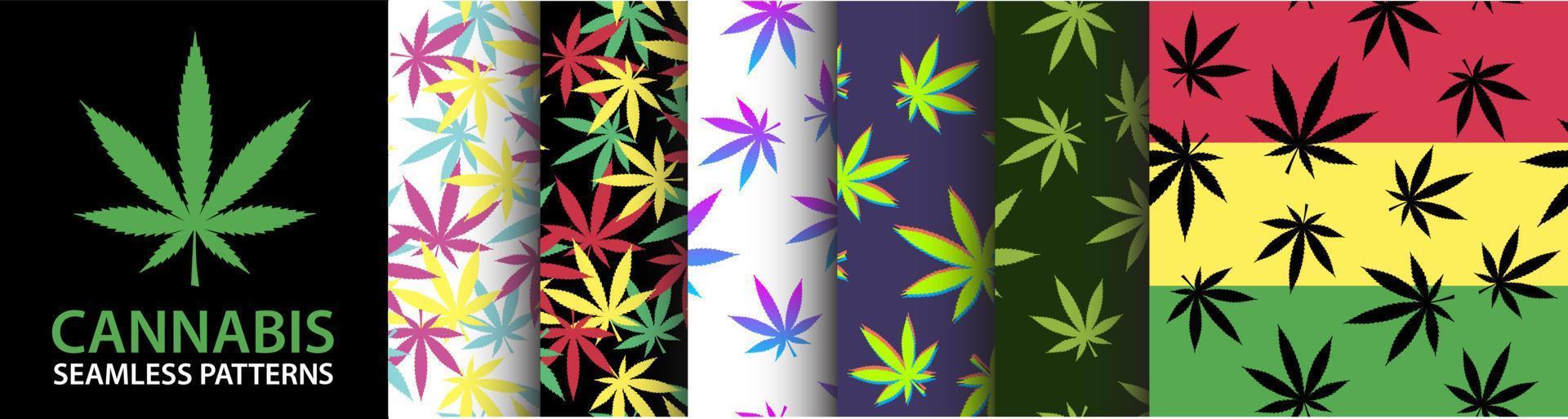 Sammlung nahtloser Cannabismuster. 420 psychedelischer Grafikvektorsatz. Marihuana-inspiriertes Designpaket. 3D-Topf-Silhouetten. Reggae-Hintergrund mit Cannabisblättern. Textiler visueller Inhalt. vektor