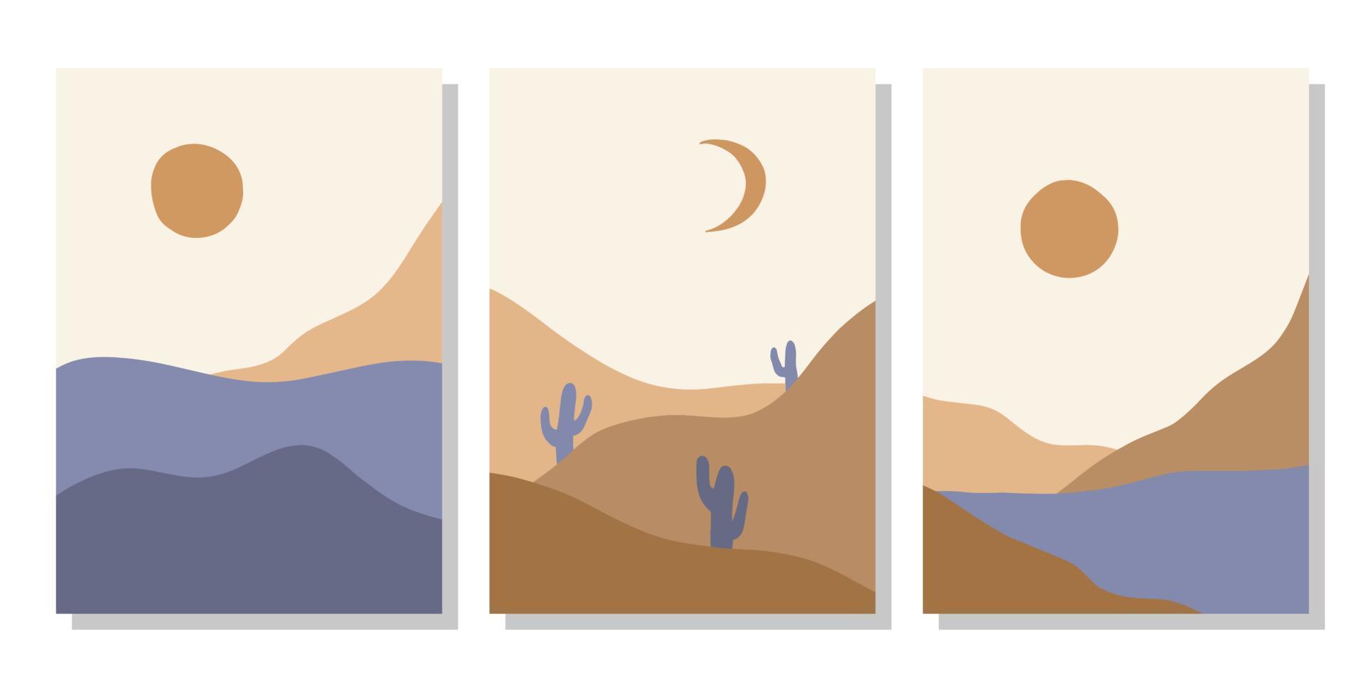 satz abstrakte wüstenlandschaftsplakate. Moderne, zeitgenössische Boho-Sonne-Mond-Berge und minimalistische Kaktus-Wanddekoration. Vektordruck vektor