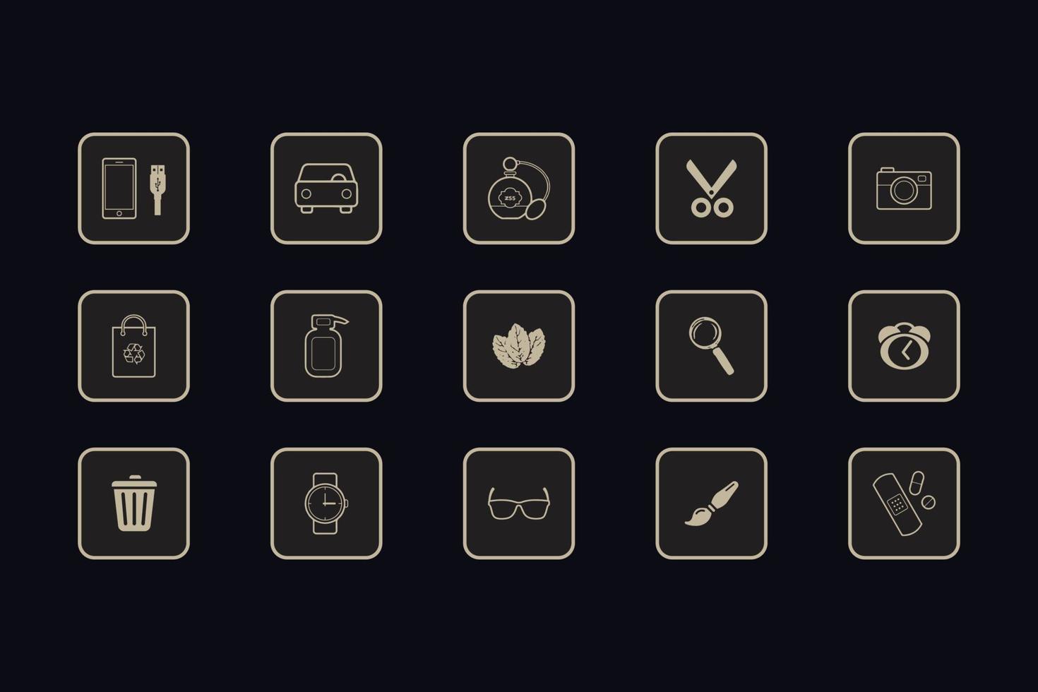 Alltagsroutine-Icon-Set mobile Autokarosserie Spray Parfüm Schere Kamera Einkaufstasche Uhr Glasuhr und andere Elemente vektor