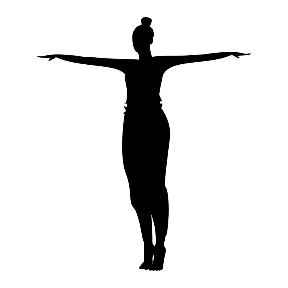 Silhouette einer Frau, die Yoga-Asanas auf Zehenspitzen mit in verschiedene Richtungen gespreizten Armen durchführt vektor