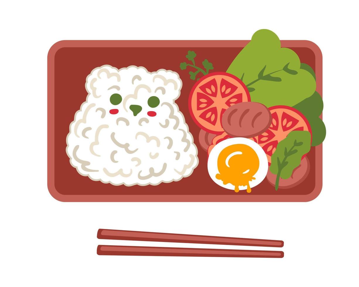 Bento-Box mit Reisbär, Fleischbällchen und Gemüse. vektor