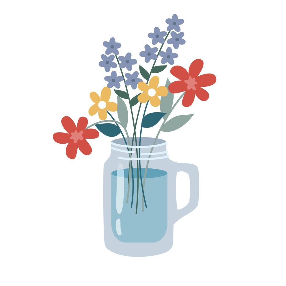Illustration eines niedlichen Blumenstraußes aus wilden Blumen in einem Glas im flachen Stil vektor