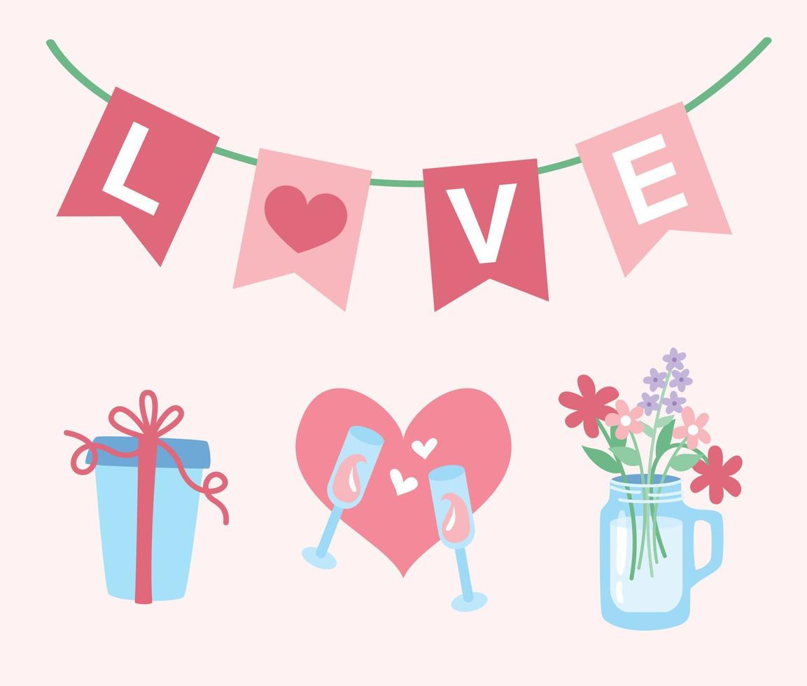 satz aufkleberelemente für valentinstag, romantisches date und hochzeit. Girlande mit Liebesbeschriftung, Geschenk, Weingläsern und Blumen in einer Vase. vektor