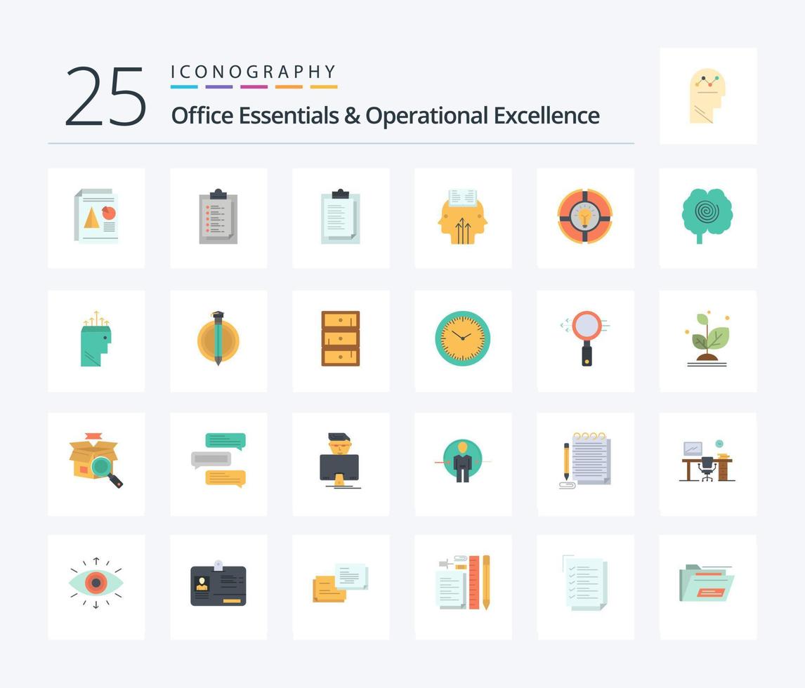 Office-Essentials und operative Exzellenz 25 flache Farb-Icon-Packs inklusive Idee. Plaudern. Präsentation. Kuchen. Mann vektor