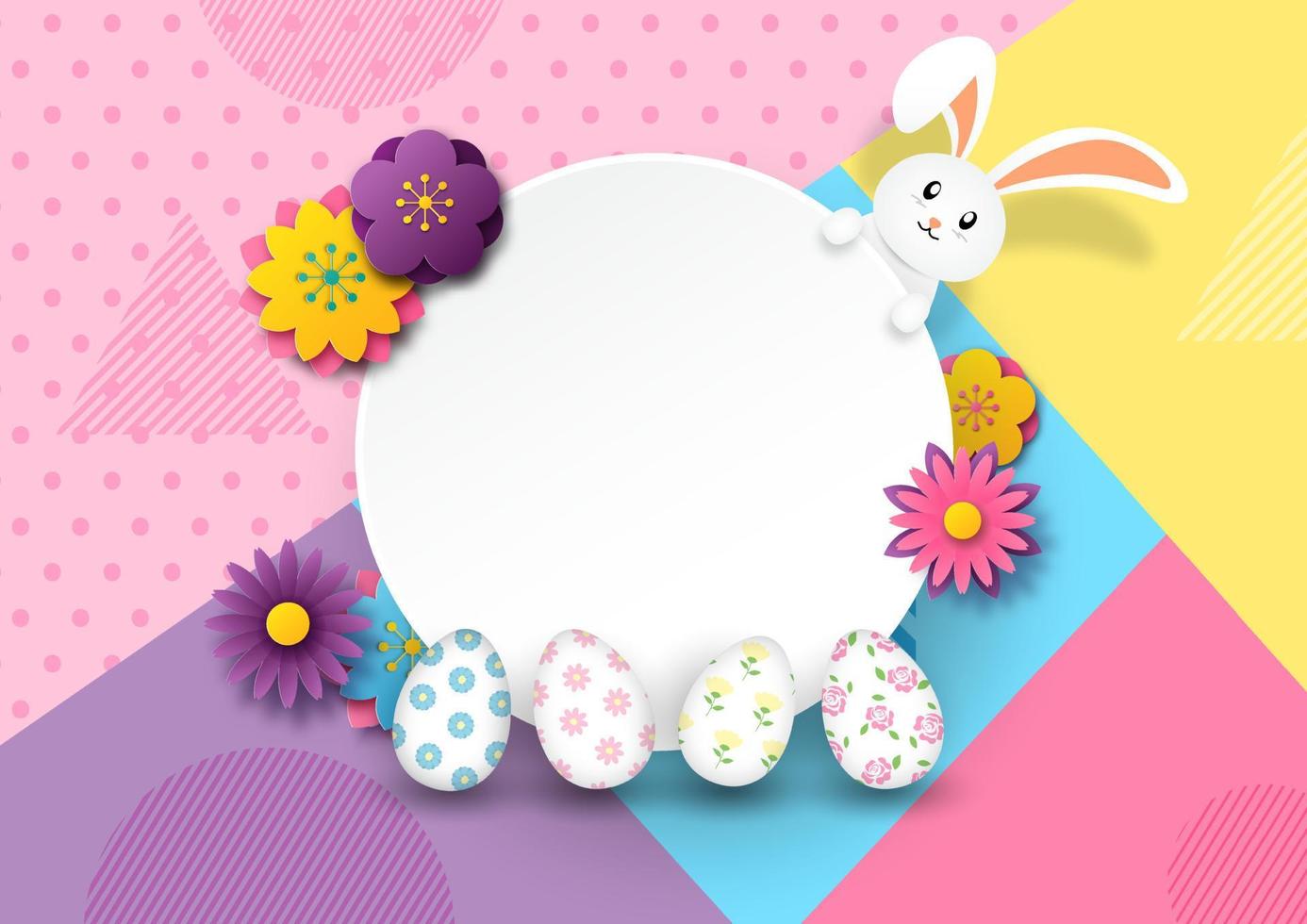 Schönheitsblumen mit Ostereiern auf weißer Fahne und Kaninchen mit Ostereiern und auf buntem abstraktem Formhintergrund. Ostergrußkarte im Scherenschnitt-Stil. vektor