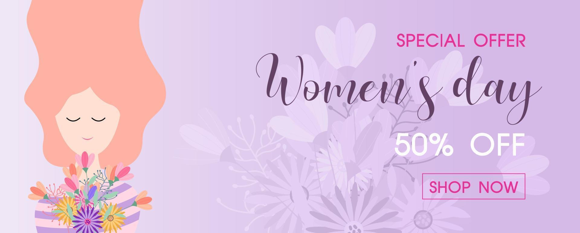 närbild och beskära Lycklig kvinna i platt stil med blommor bukett och kvinnors dag Special erbjudande försäljning lydelse på blommor bukett och violett bakgrund. affisch baner av kvinnors dag i vektor design.