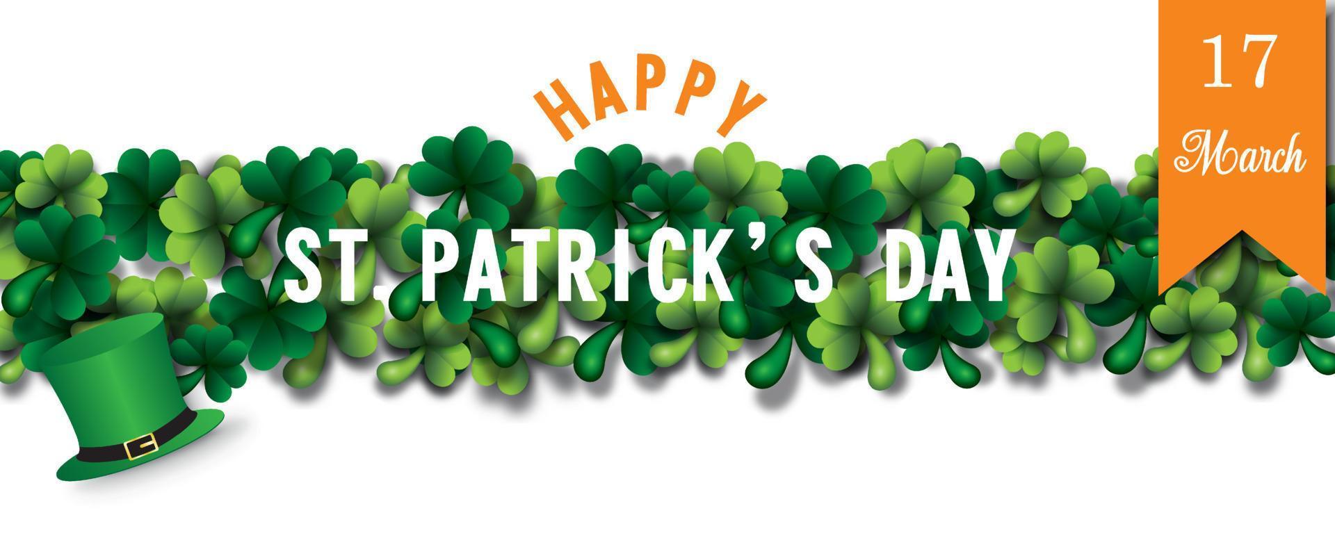Happy Saint Patrick's Day Briefe, hoher Hut und das Band des Tages der Veranstaltung auf Shamrock-Pflanzen und weißem Hintergrund. St Patrick Tagesgrußkarte im Vektordesign vektor