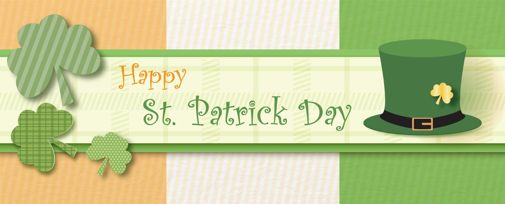 vitklöver växter deign med hög hatt och Lycklig st. patrick dag lydelse på färger av irländsk flagga. helgon Patricks dag hälsning kort och affisch i papper skära stil och vektor design.
