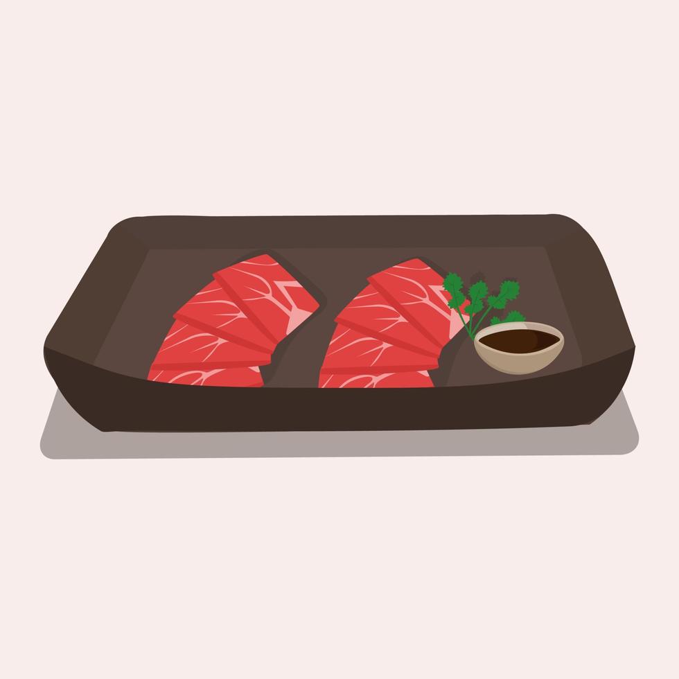 japansk nationell kök, Shabu shabu på en tallrik med soja sås. vektor illustration.