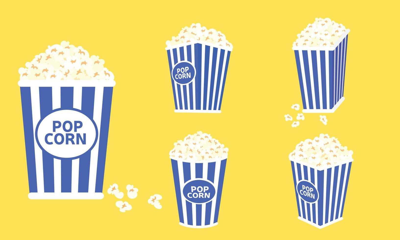 uppsättning av popcorn i annorlunda typer, blå låda. vektor illustration.