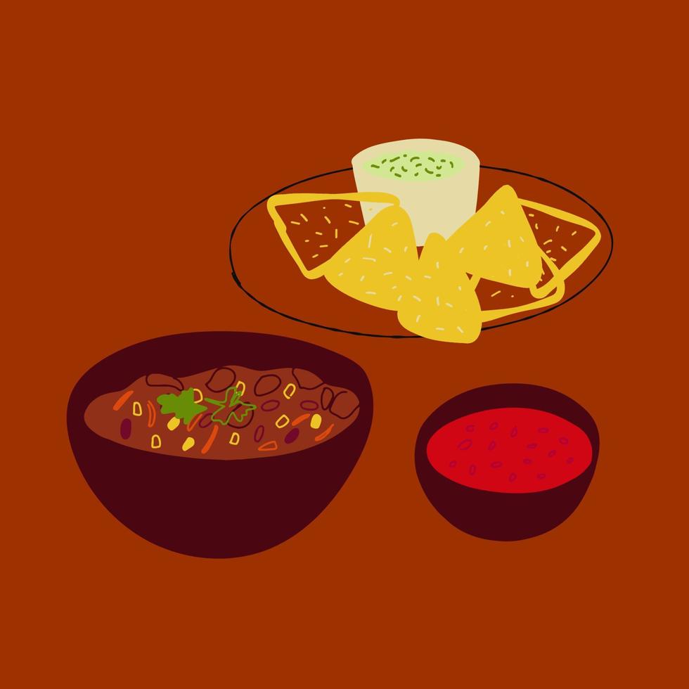 Abbildung mexikanisches Essen Chili con Carne und Nachos mit Guacamole auf rotem Hintergrund vektor