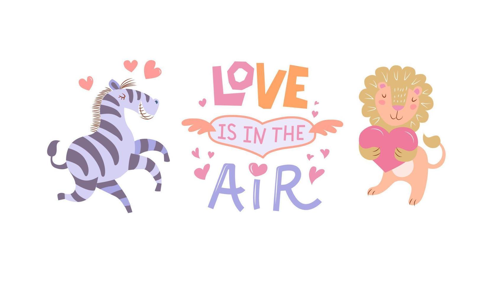 söt djur par i kärlek - zebra och lejon som innehar en hjärta i dess tassar. de inskrift - kärlek är i de luft. Lycklig hjärtans dag vykort. vektor illustration
