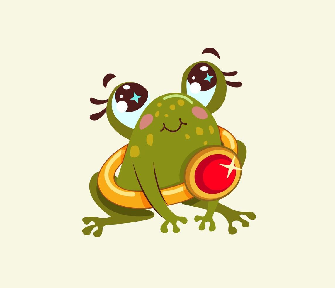 Ein süßer Frosch hält einen goldenen Ehering mit einem roten Stein. romantische handgezeichnete Vektorillustration. vektor