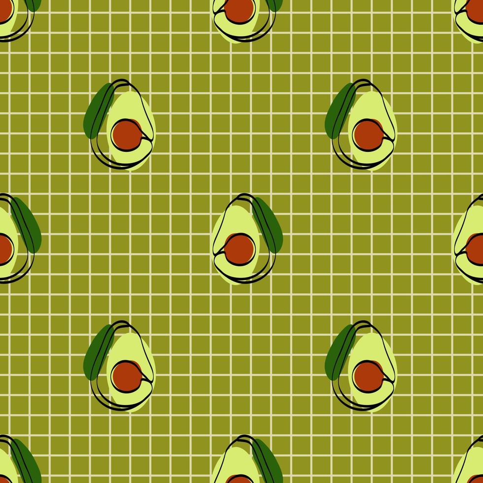 Nahtloses Muster mit Avocado. kontinuierliche einzeilige zeichnung avocado. schwarze Strichzeichnungen mit bunten Flecken. veganes Konzept vektor