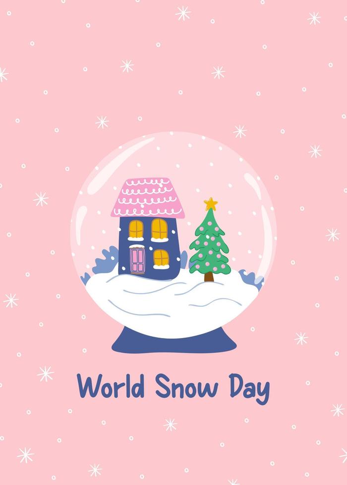 värld snö dag. glas snö klot med hus, jul träd och snöflingor. vinter- mall. platt stil vektor illustration.