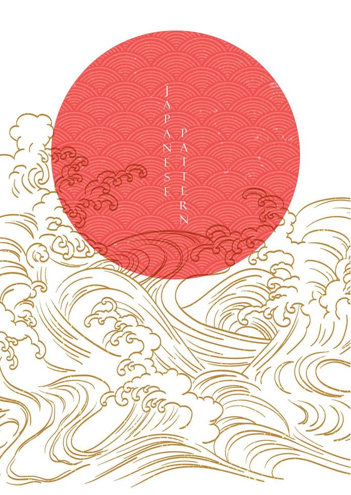 rote sonne mit handgezeichnetem wellenvektor. japanische Vorlage mit Linienmuster im Vintage-Stil. vektor