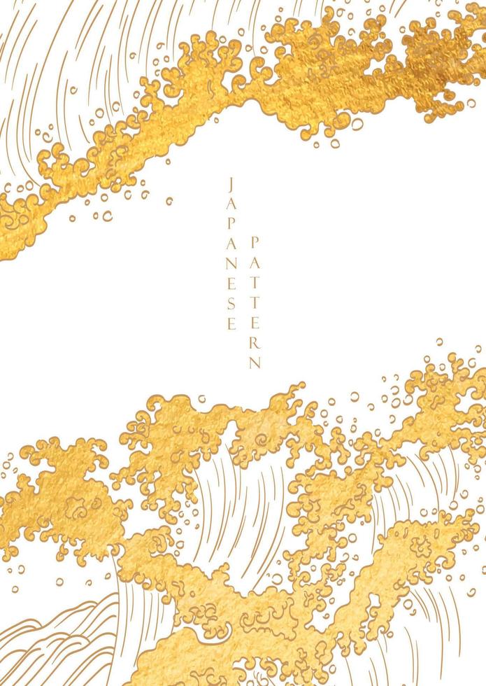 japansk hand dragen Vinka bakgrund i årgång stil. hav och hav linje mönster med guld dekoration i årgång stil. vektor