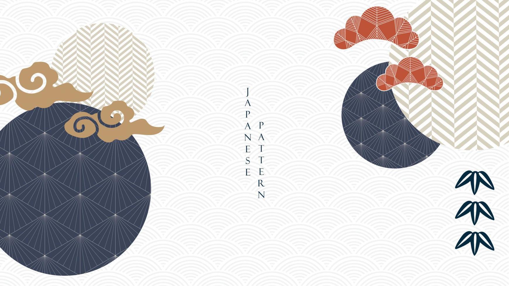 japanischer hintergrund mit geometrischem mustervektor. Bonsai- und Cloud-Elemente-Banner-Design mit kreisförmigen abstrakten Kunstelementen im Vintage-Stil. vektor