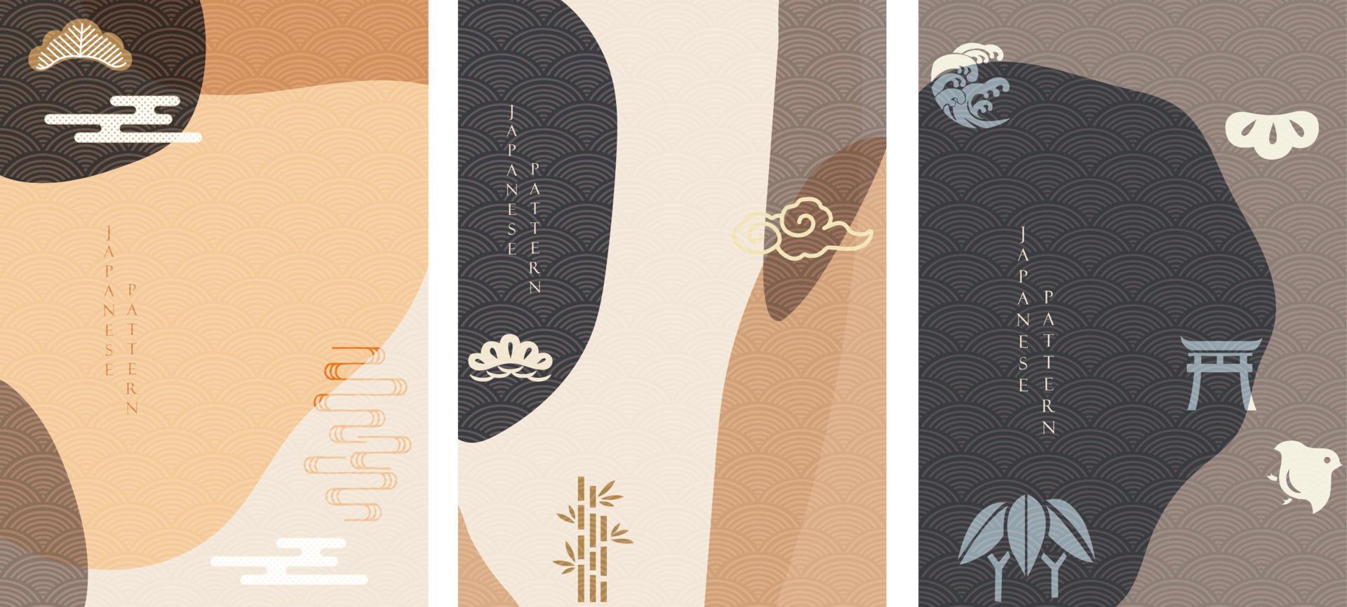 japanischer hintergrundvektor. asiatische ikonen und symbole. orientalisches traditionelles Plakatdesign. abstraktes Muster und Vorlage. pfingstrose, welle, meer, bambus, kiefer und sonnenelemente. vektor