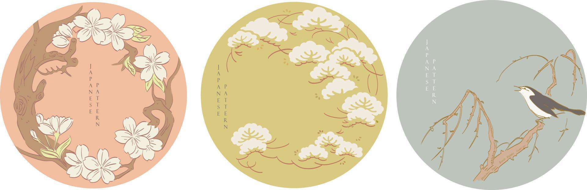 Hintergrund der abstrakten Künste mit japanischem Mustervektor. Kunstlandschaft mit geometrischer Vorlage Kunstbürstenelemente mit zeitgenössischem Plakatdesign. kirschblütenblume, bonsaibaum und vogelobjekt vektor