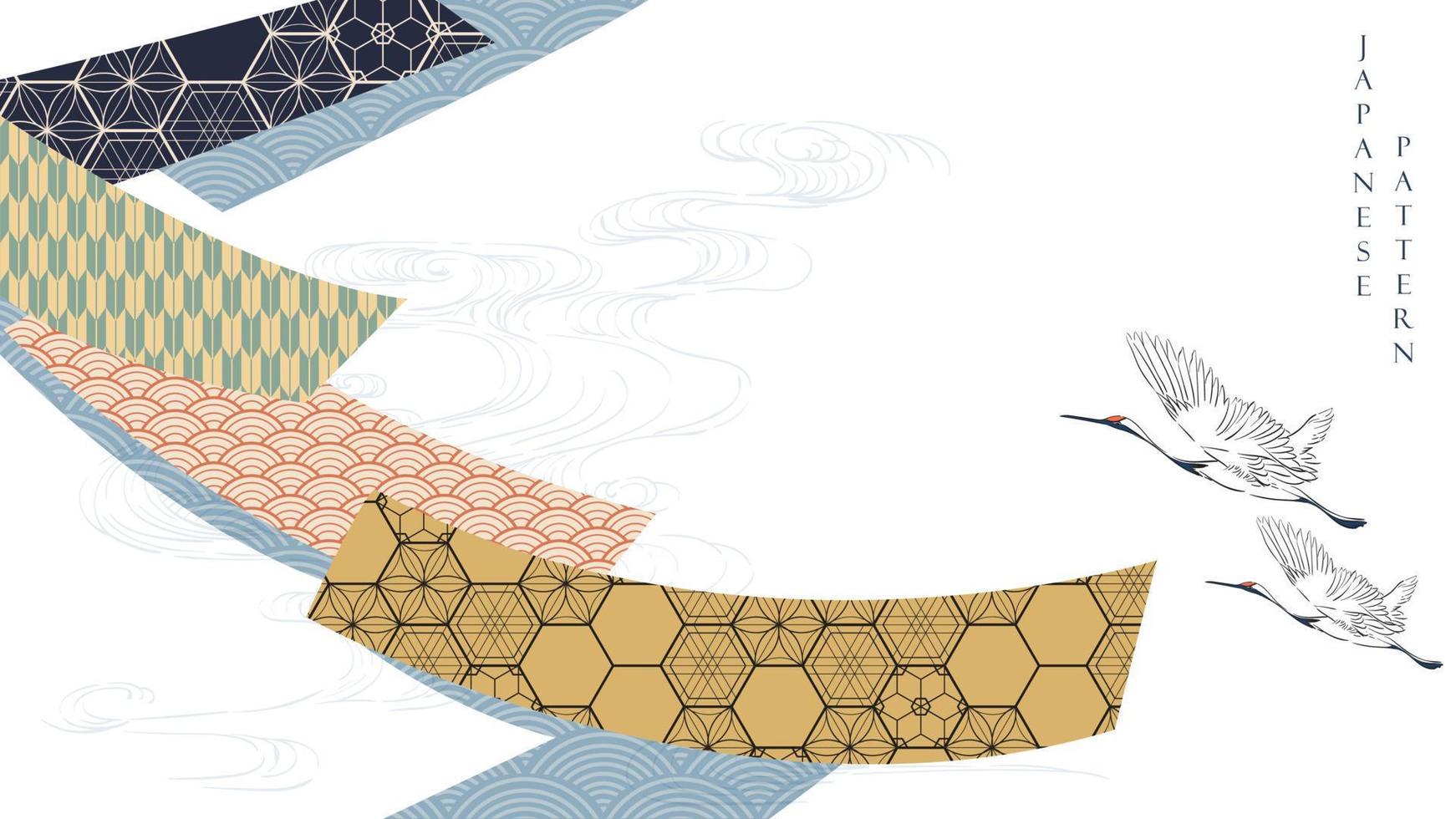 japansk bakgrund med kran fåglar vektor. abstrakt konst band element med geometrisk mönster. hand dragen Vinka mönster i årgång stil. vektor
