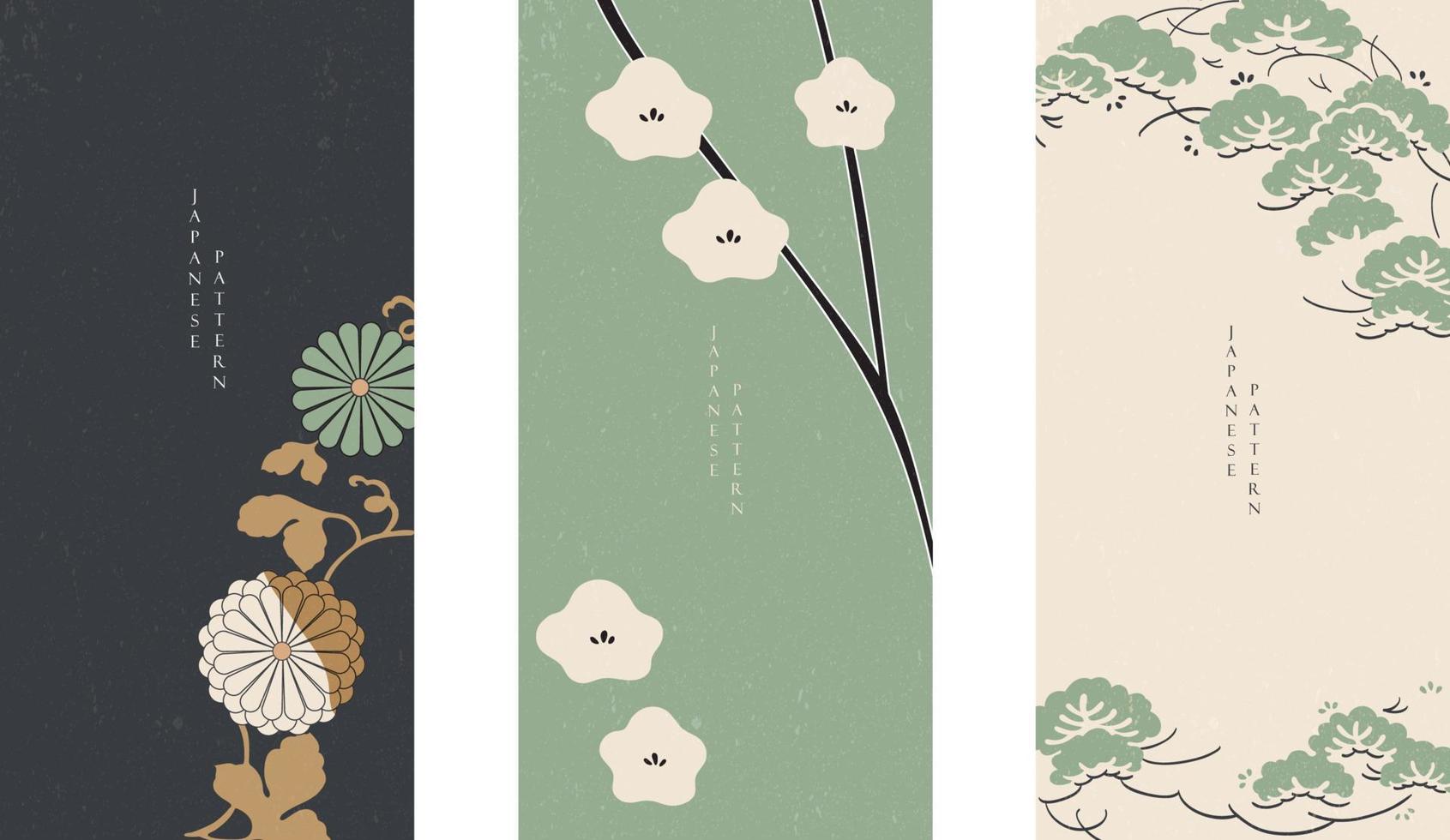 japansk blommig bakgrund vektor. asiatisk baner. årgång traditionell mall design. abstrakt mönster och mall. blommig kort uppsättning med hand dra träd element. vektor