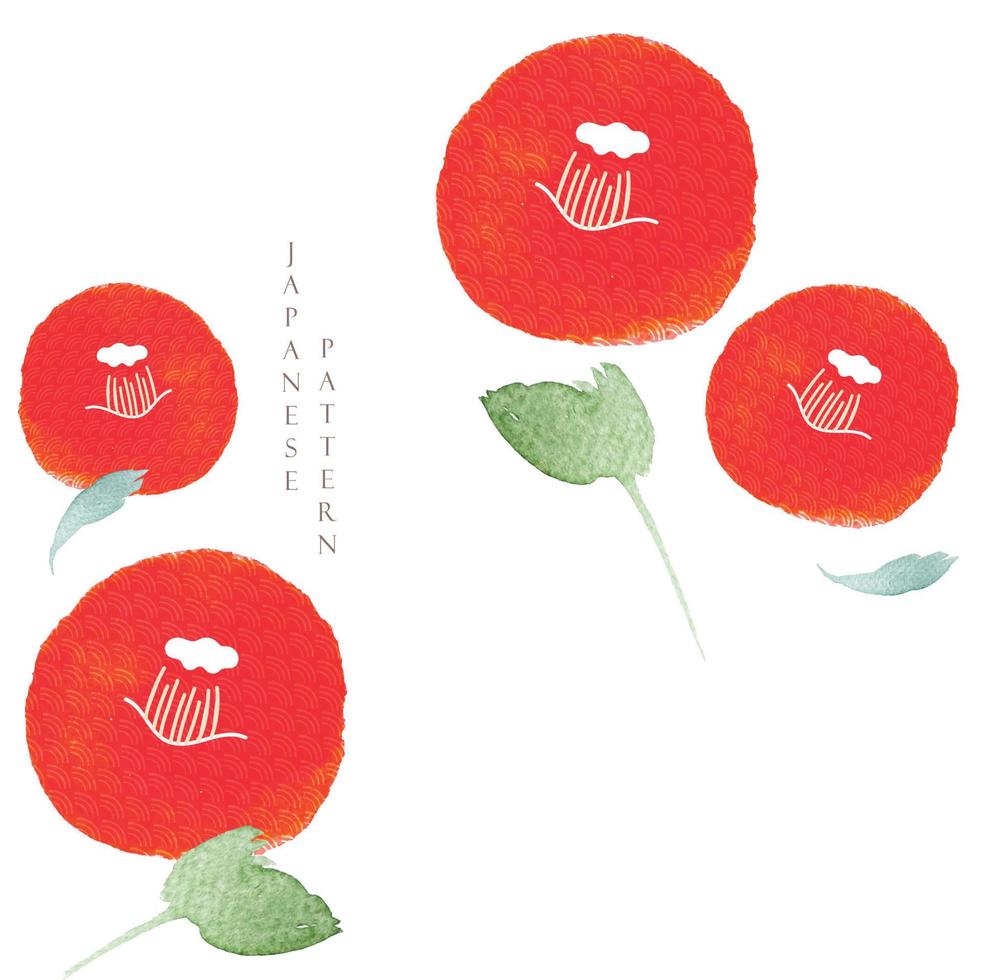 rote kamelienblumenschablone mit japanischem wellenmustervektor. Blumenhintergrund mit geometrischer Dekoration. vektor