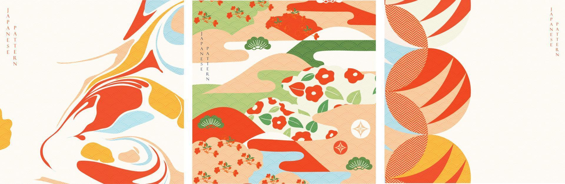 japanisches Muster und Symbolvektor. orientalische hochzeitseinladung und rahmenhintergrund. geometrische Musterdekoration. abstrakte Vorlage im chinesischen Stil. vektor