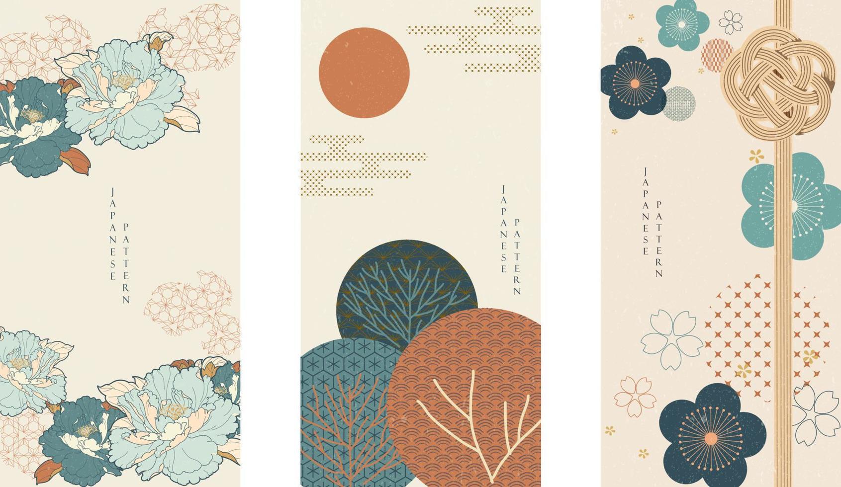 japanischer hintergrund mit asiatischem traditionellem symbolvektor. kirschblüte und pfingstrosenblume, wellenmuster, bambus und bandelemente. geometrisches Muster im Vintage-Stil. vektor