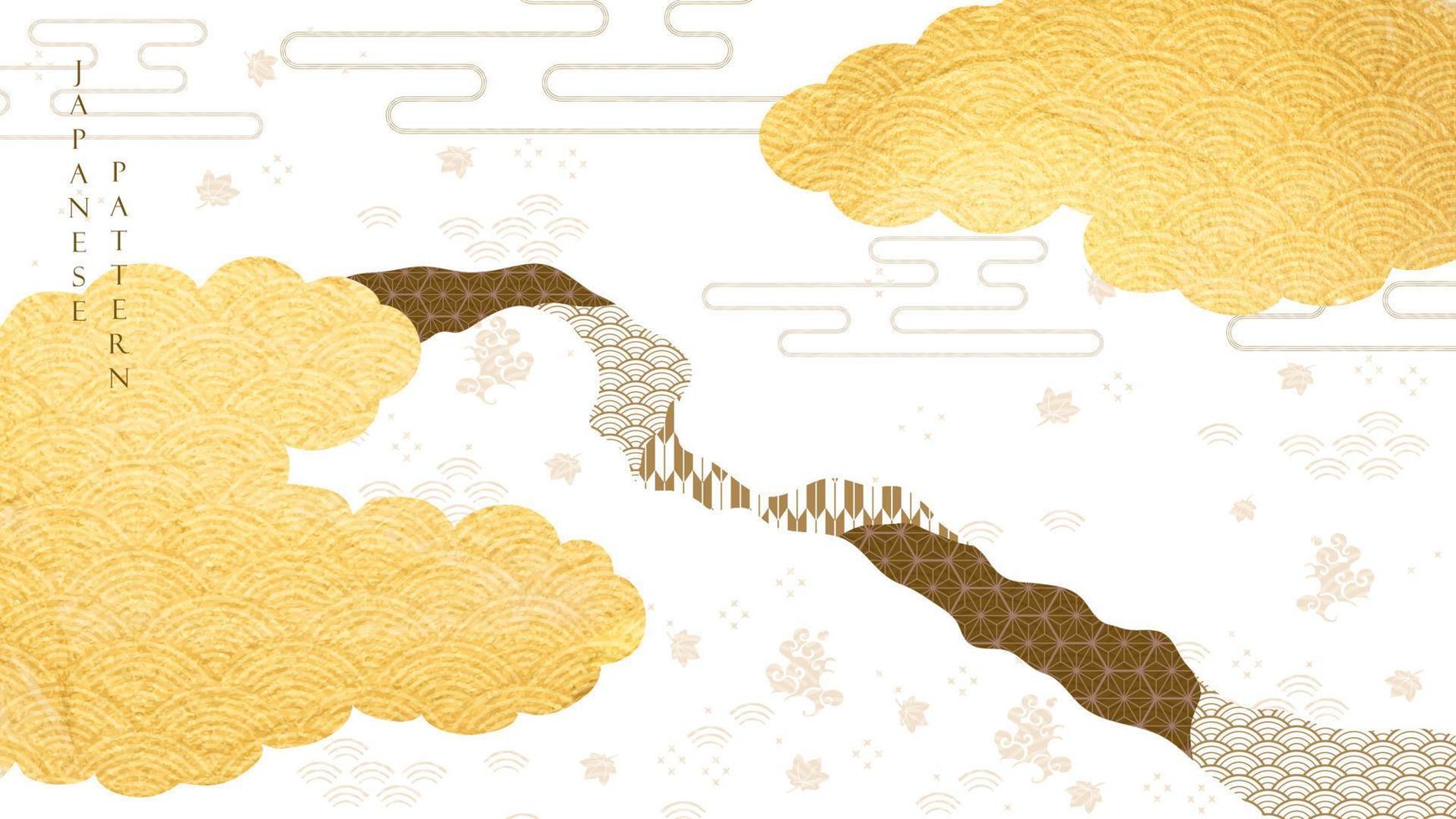 japansk bakgrund med guld textur vektor. geometrisk mönster med orientalisk traditionell baner i årgång vektor