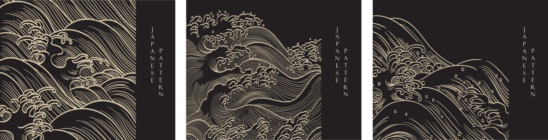 japanische handgezeichnete wellendekoration mit linienmustervektor. abstrakte Kunstbanner. ozean und meer elemente kartendesign im vintage-stil. vektor