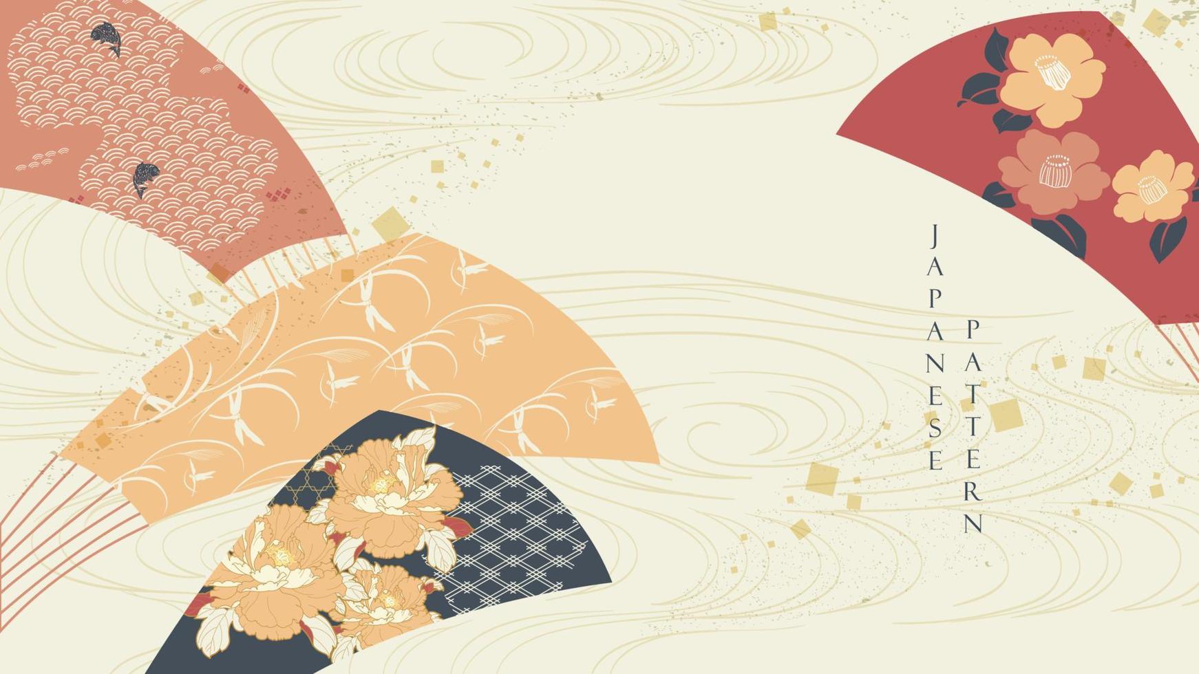 japanischer hintergrund mit asiatischem traditionellem dekorationsmustervektor. orientalisches Banner-Design mit Fan-Art-Elementen im Vintage-Stil. pfingstrosen- und kamelienblumenmusterschablone. vektor